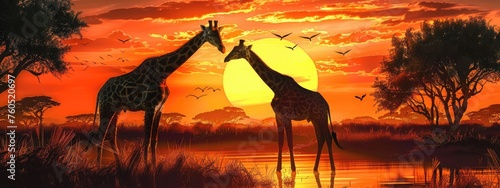 Giraffes silhouetted against vibrant sunset, African savannah backdrop. © Suresh