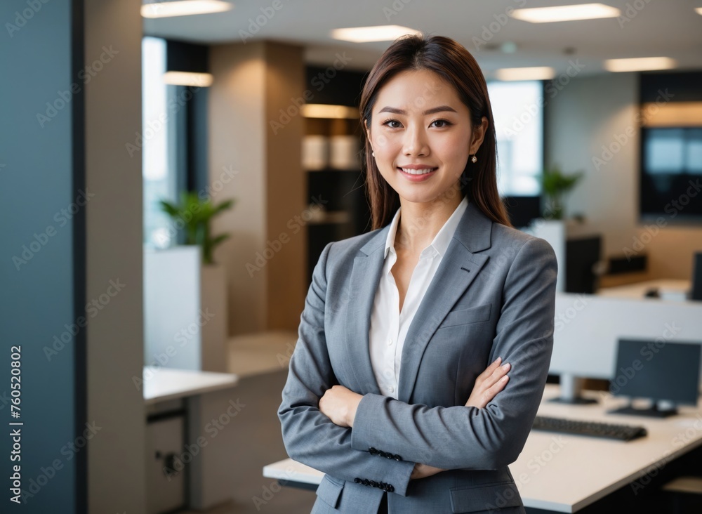 Fototapeta premium Exuding Confidence: happy Japanese Businesswoman posing confitently in Modern Office