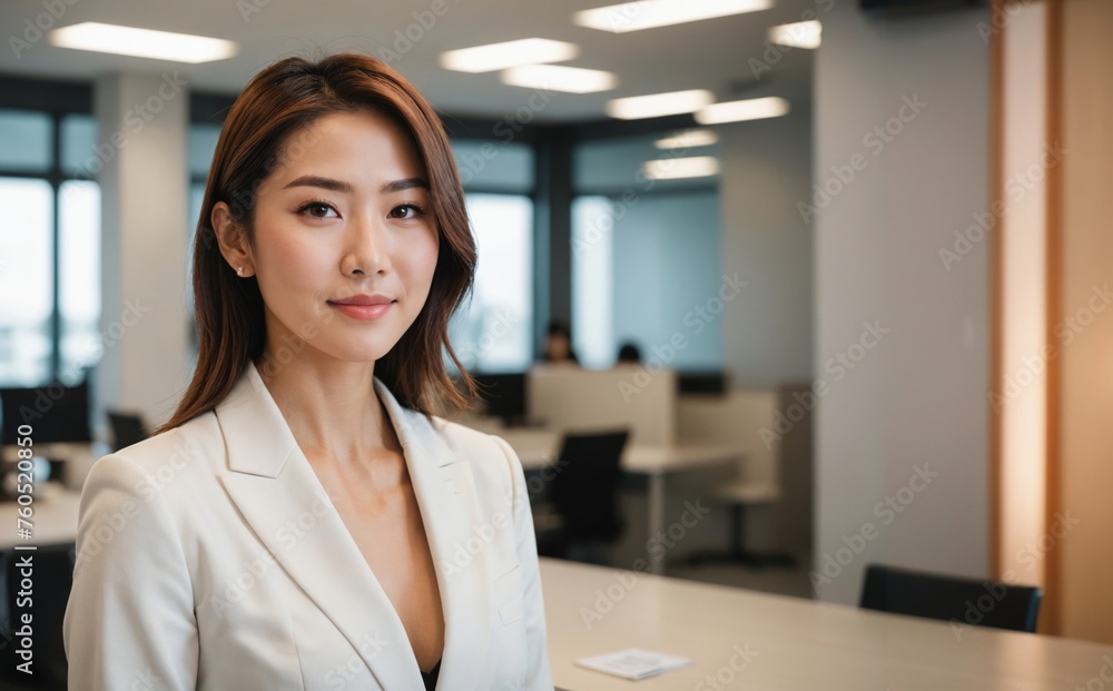 Exuding Confidence: happy Japanese Businesswoman posing confitently in Modern Office