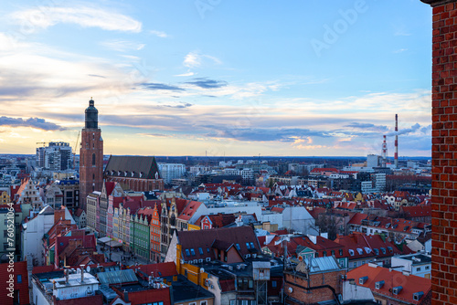 Beautiful, old architecture of the old town of Wroclaw, on a sunset. Aerial view. Wroclaw. Poland