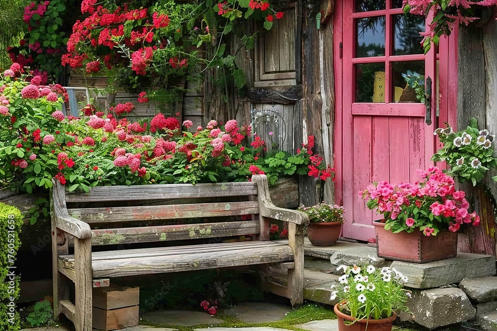 Fototapeta premium Wooden Bench Next to Lush Green Wall