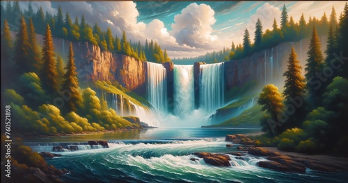 Oil Painting Landscape of Willamette Falls in Oregon