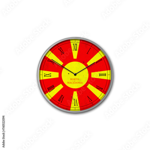 Wall clock in the color of the North Macedonia flag. Signs and symbols. Isolated on a white background. Design element.