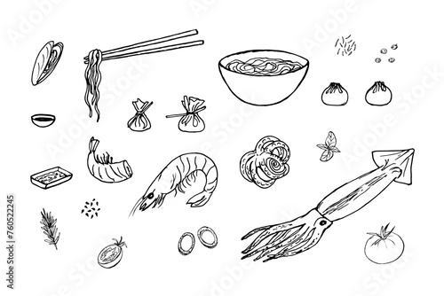 Doodle vector set of Chinese food, seafood dishes, wok noodles, shrimp, cuttlefish, mussels. Chinese dumplings. Seasoning and sauce isolated on white background.