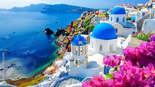 Santorini thira island daytime panorama with fira and oia towns in greece, cliffs and beaches view photo