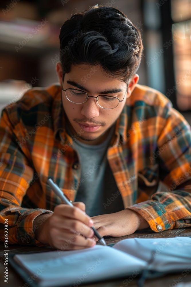 Man Writing in a Book at a Table Man Writing in a Book at a Table