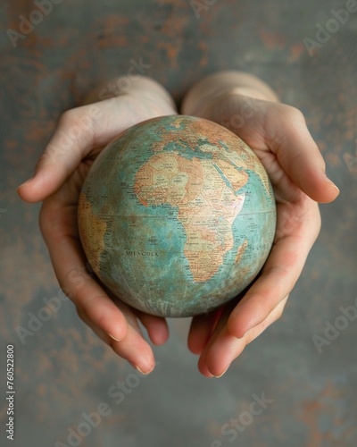 Old-fashioned globe in hands, faded colors, side angle, symbol of Earth preservation