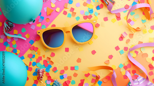 Sunglasses with balloons and confetti on a colored background, April fool's day