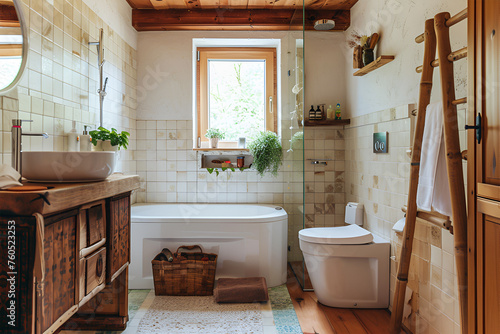 Modern minimalist bathroom interior  wooden bathroom cabinet  white sink and bathtub  interior plants  a small window