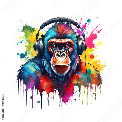 Cool gorilla Wearing Headphones on clean background for Sublimation Printing, T-shirt Design Clipart, DTF DTG Printing, Animals, Dj, Illustration, Generative AI.