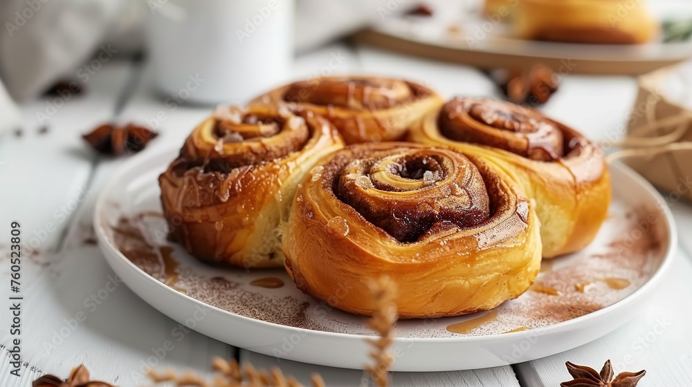 photo of homemade cinnamon rolls on plate on white wooden table, side view --ar 16:9 Job ID: 11b1d915-fcf8-4c01-bc76-7d1618b4e9c4