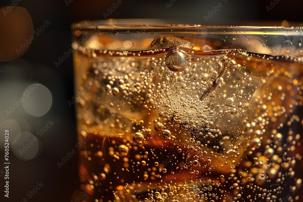 Close-up view of a fizzy, amber-colored beverage with bubbles. Close-up view of a fizzy, amber-colored beverage with bubbles.