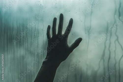 hand is reaching out from the fog, with a blurred background and gray tones