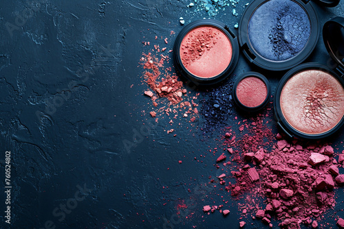 A broken colored make up palette, powder blush and powder