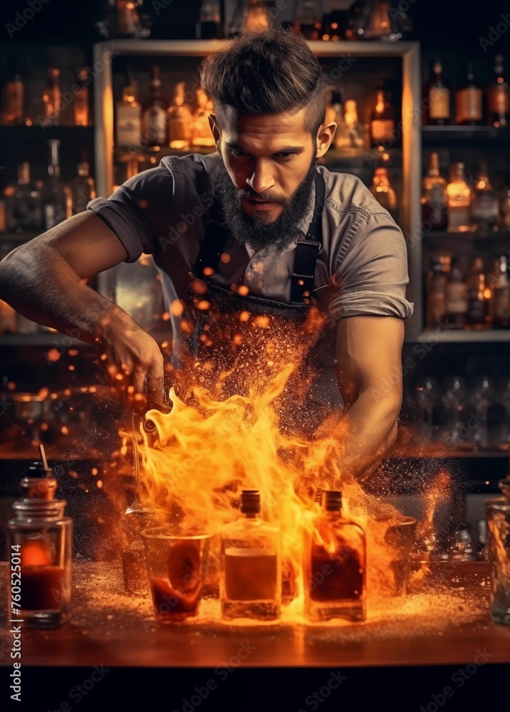 A bartender pouring fire into an ice glass, with dynamic lighting and sparks flying around him