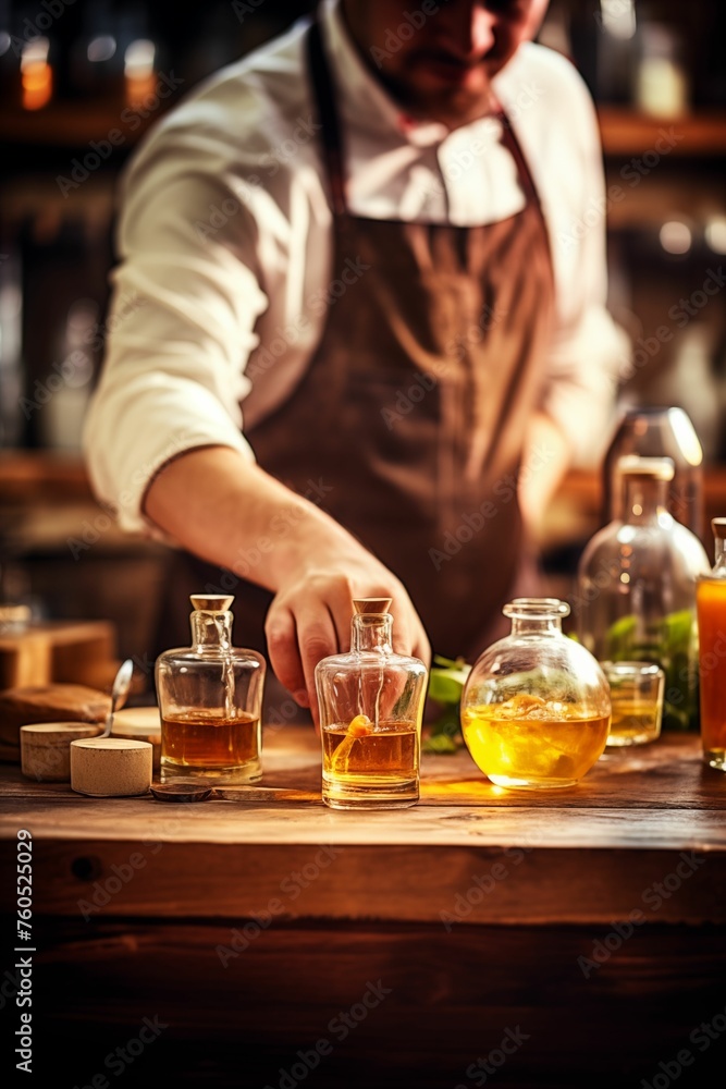 A young bartender in a brown apron pours the necessary ingredient for a cocktail from a brown alcoholic beverage bottle.
