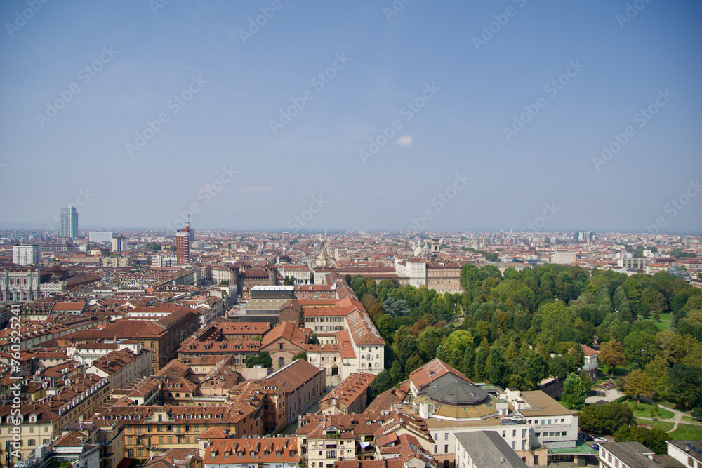 TURIN, ITALY - 15 SEP 2019: Panoramic view of the Turin skyline from the top of the Mole Antonelliana