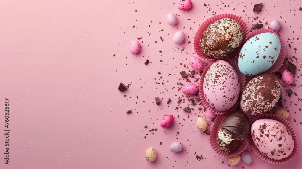 Colorful easter eggs and chocolate shells, isolated on pink background. Happy easter. Celebration. Room for copy space.