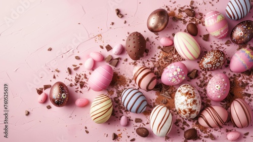 Colorful easter eggs and chocolate shells, isolated on pink background. Happy easter. Celebration.