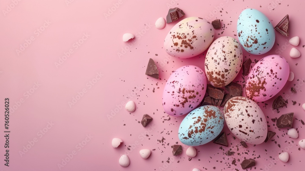 Colorful easter eggs and chocolate shells, isolated on pink background. Happy easter. Celebration. Room for copy space.