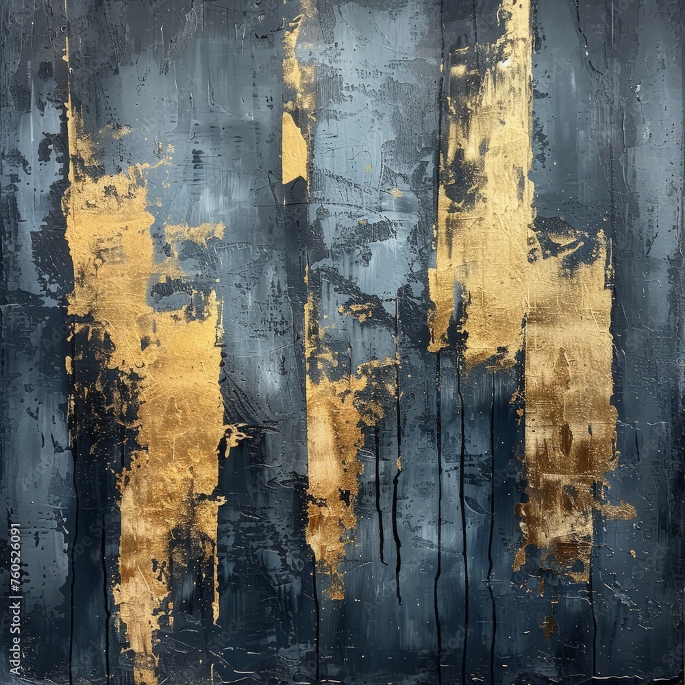 A painting showcasing intricate gold paint strokes on a dark black background, creating contrast and depth
