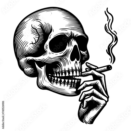 hand draw sketch black line art skull crossbones with cigarette or smoking vector illustration on isolated in white background