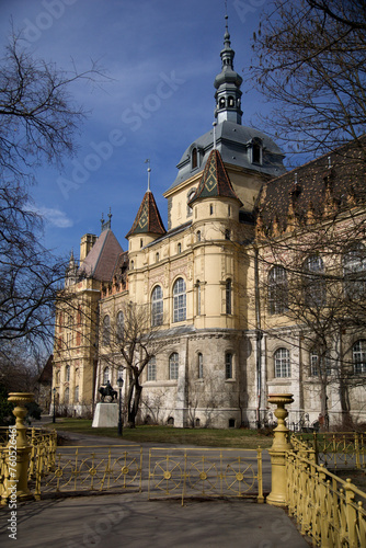 BUDAPEST, HUNGARY - 04 MAR 2019: The famous Vajdahunyad Castle in the City Park of Budapest