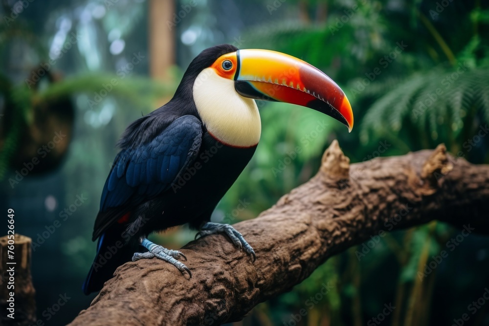 Fototapeta premium Colorful toucan perched on rainforest tree branch in its natural wildlife habitat