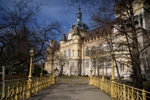 BUDAPEST, HUNGARY - 04 MAR 2019: The famous Vajdahunyad Castle in the City Park of Budapest viewed from a bridge
