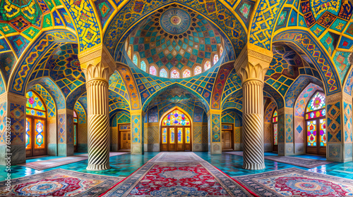 a large, ornate room with a high ceiling and colorful stained glass windows. The floor is covered with a large Persian rug, and there are intricate archways and pillars. 