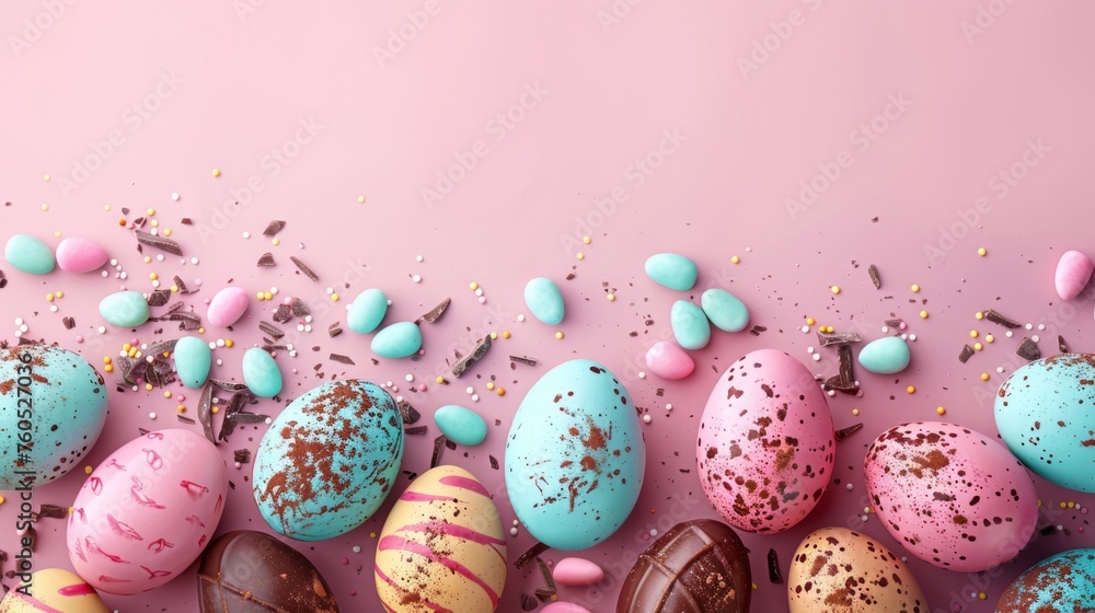 Colorful easter eggs and chocolate shells, isolated on pink background. Happy easter. Celebration. Room for copy space.