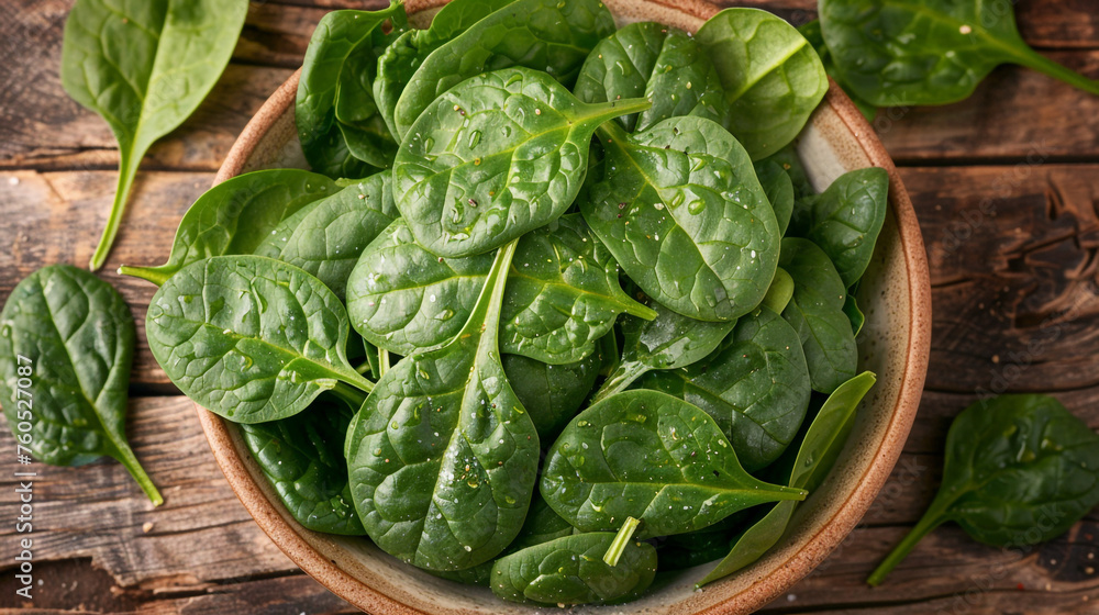 Fresh spinach leaves on white plate. Healthy vegan food, Top view сreated with Generative Ai Fresh spinach leaves on white plate. Healthy vegan food, Top view сreated with Generative Ai