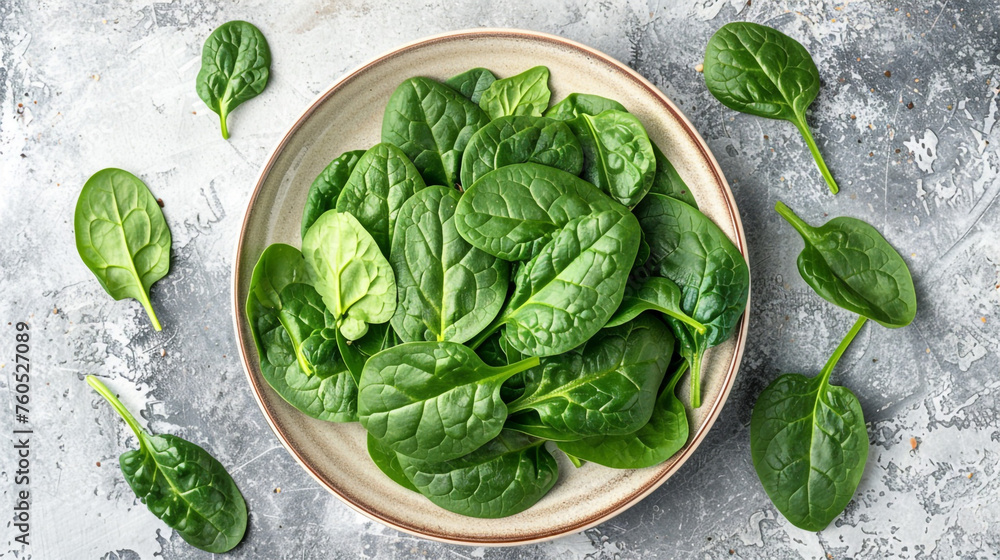 Fresh spinach leaves on white plate. Healthy vegan food, Top view сreated with Generative Ai Fresh spinach leaves on white plate. Healthy vegan food, Top view сreated with Generative Ai