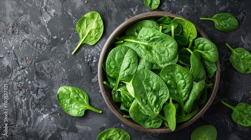 Fresh spinach leaves on white plate. Healthy vegan food, Top view сreated with Generative Ai