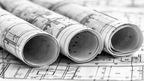 Architect holding rolled blueprint and technical project drawing for architectural plan