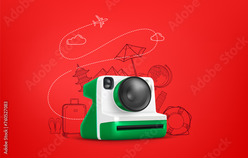 Travel illustration with instant camera and doodle elements