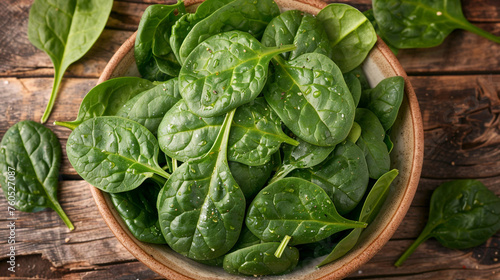 Fresh spinach leaves on white plate. Healthy vegan food, Top view сreated with Generative Ai