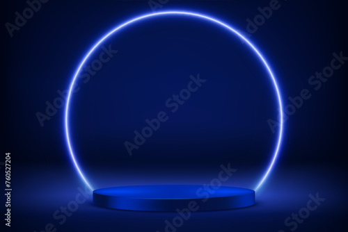 Illuminated stage with blue neon lighting. Vector 3d illustration