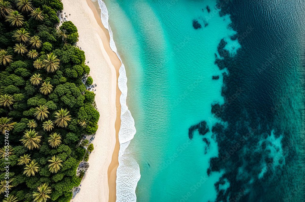 Aerial view of amazing tropical ocean beach, summer vacation idyllic resort. Top view of sea waves. Summertime nature concept. Copy ad text space. Generative Ai illustration