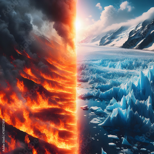 Ice and fire opposition - Illustration divided into two parts : ice on one side and fire on the other. photo