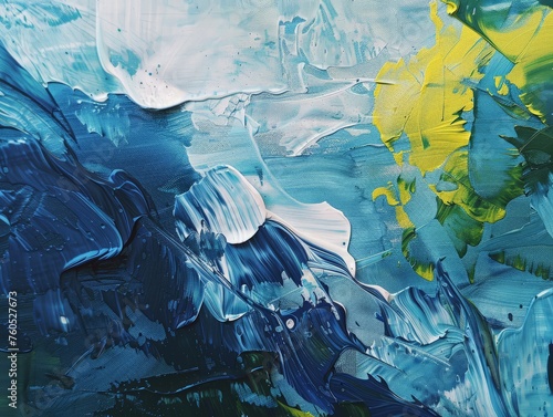 Detailed view of a painting featuring vibrant shades of blue and yellow, showcasing intricate brushstrokes and textures