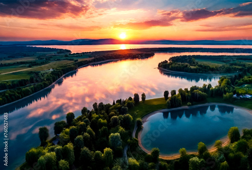 View from flying drone of amazing evening sunset scenery, skyline nature background. Unbelievable summer sunrise, top view. Landscapes rivers concept. Copy ad text space. Generative Ai illustration