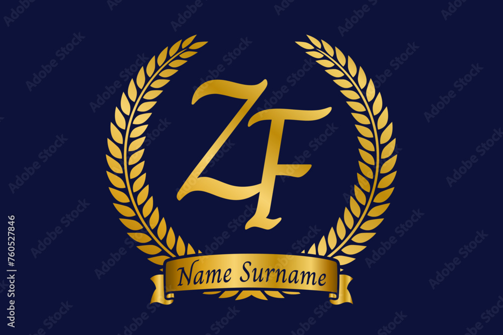 Initial letter Z and F, ZF monogram logo design with laurel wreath ...