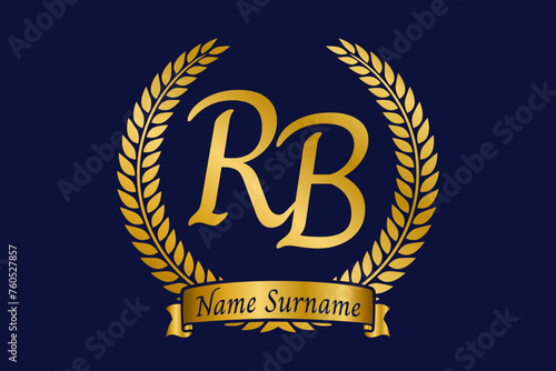 Initial letter R and B, RB monogram logo design with laurel wreath. Luxury golden calligraphy font.