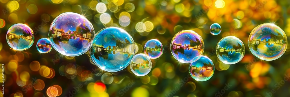Vivid soap bubbles reflecting a stunning rainbow of colors in the background image