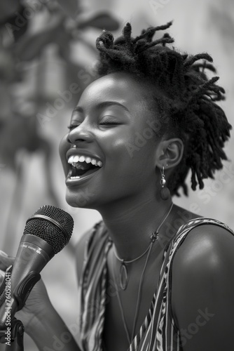 Woman Singing Into Microphone With Smile