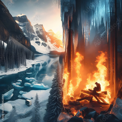 Ice and fire opposition - Illustration divided into two parts : ice on one side and fire on the other. photo