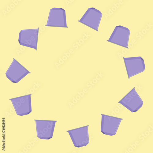 Round frame made of coffee capsules. Each capsula got shadows and glares. Good for advertisement, announcement, sign, can be used separately. Vector illustration. Isolated on ochre background.