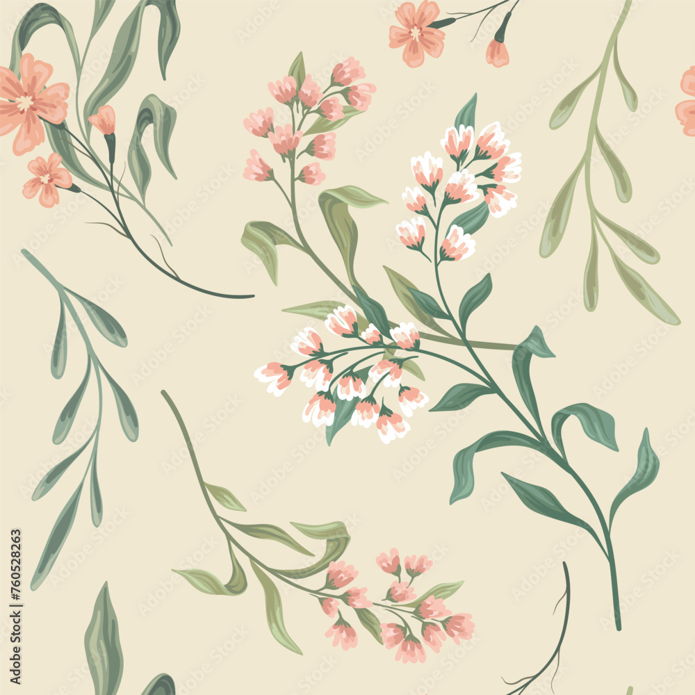 Fototapeta premium Seamless floral pattern, vintage botanical wallpaper decor in a romantic motif. Elegant flower print, nature design: hand drawn wild flowers, branches, leaves abstract on pink. Vector illustration.