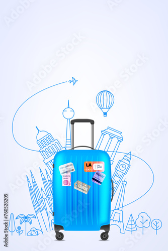 Color plastic travel bag with famous world sights. 3d vector illustration with copy space